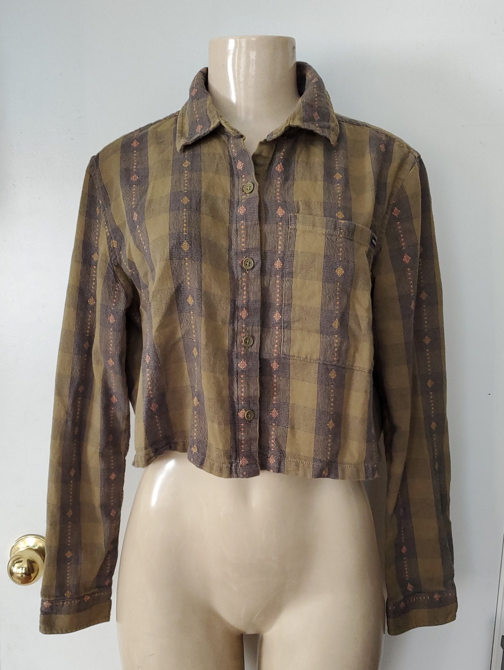 Volcom Olive and Brown Plaid Cropped Button-Down Shirt